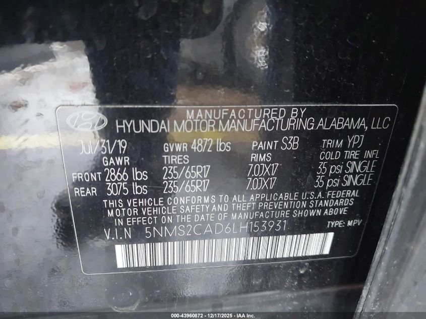 2020 Hyundai Santa Fe Se VIN: 5NMS2CAD6LH153931 Lot: 43960872