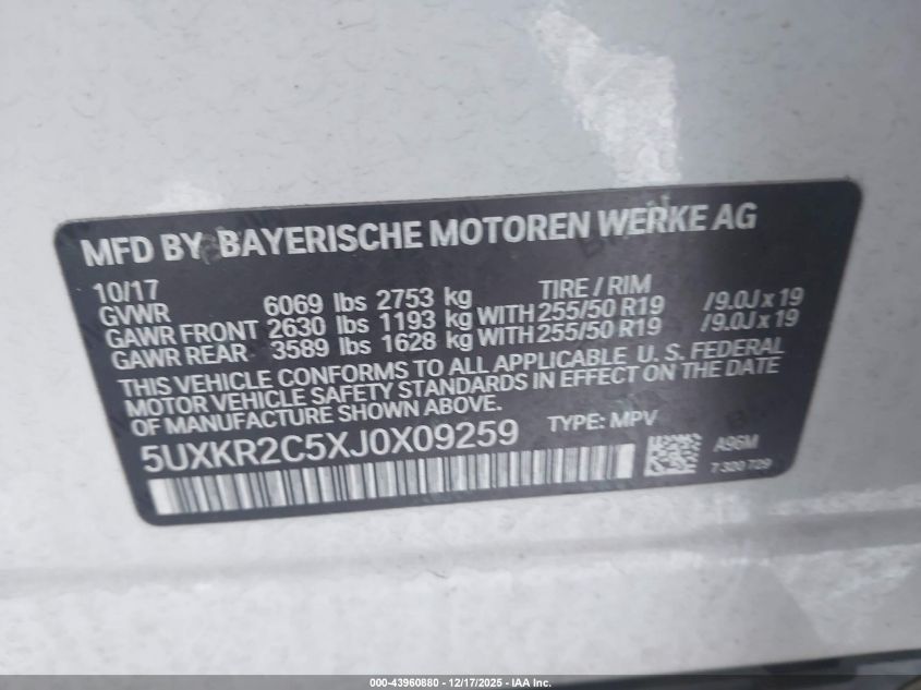 2018 BMW X5 Sdrive35I VIN: 5UXKR2C5XJ0X09259 Lot: 43960880