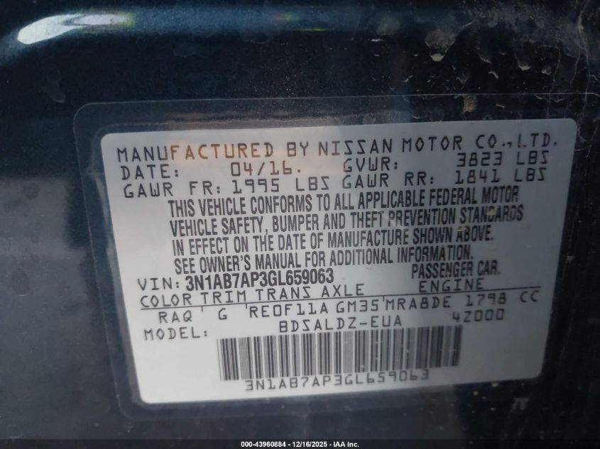 2016 Nissan Sentra Sv VIN: 3N1AB7AP3GL659063 Lot: 43960884