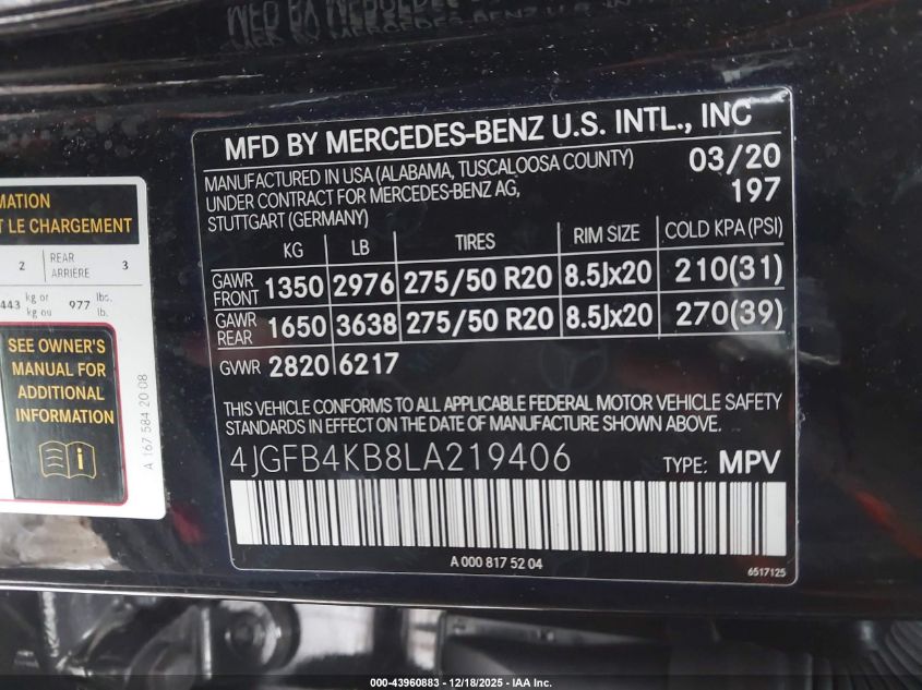 2020 Mercedes-Benz Gle 350 4Matic VIN: 4JGFB4KB8LA219406 Lot: 43960883