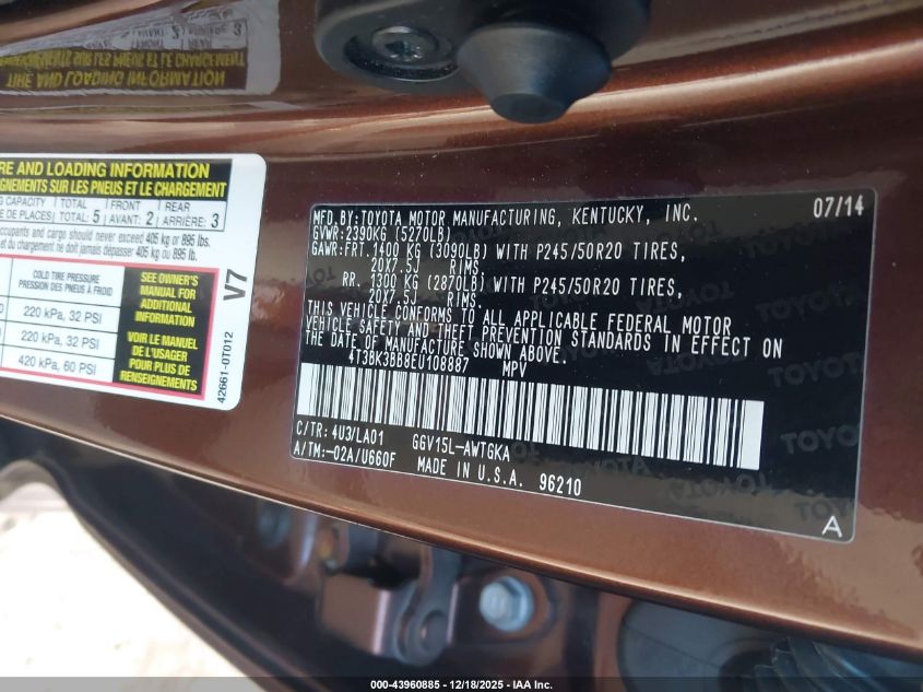 2014 Toyota Venza Xle V6 VIN: 4T3BK3BB8EU108887 Lot: 43960885