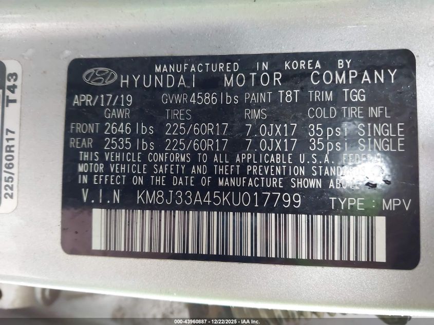 2019 Hyundai Tucson Value VIN: KM8J33A45KU017799 Lot: 43960887
