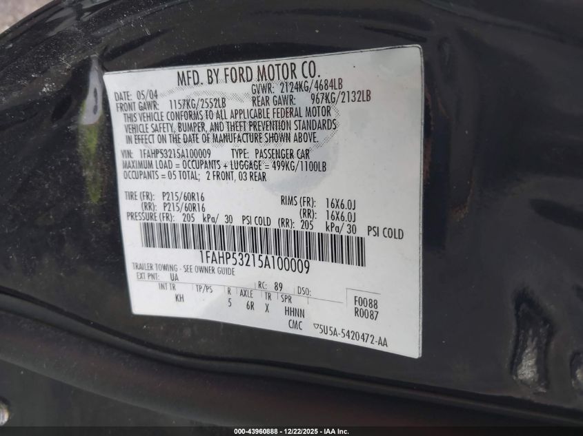 2005 Ford Taurus Se VIN: 1FAHP53215A100009 Lot: 43960888