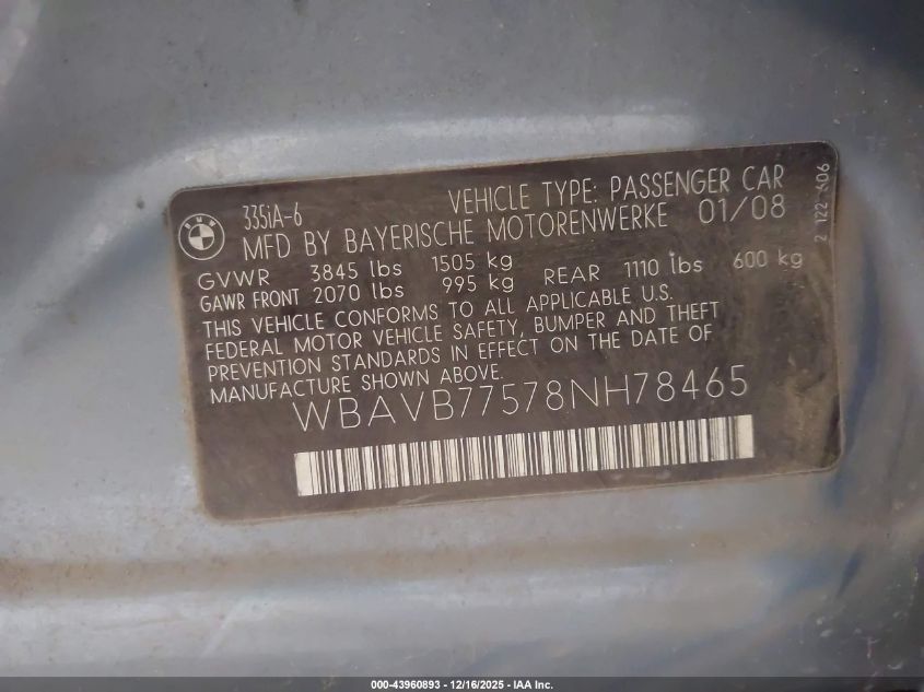 2008 BMW 335I VIN: WBAVB77578NH78465 Lot: 43960893