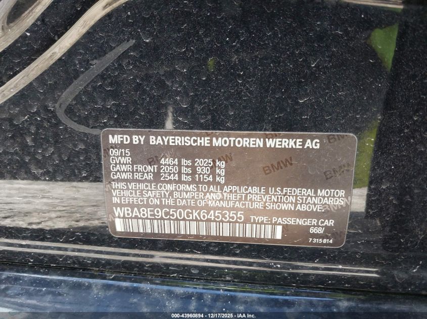 2016 BMW 328I VIN: WBA8E9C50GK645355 Lot: 43960894
