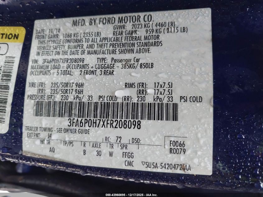 2015 Ford Fusion Se VIN: 3FA6P0H7XFR208098 Lot: 43960895