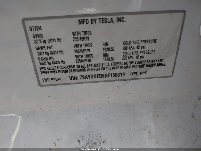 2024 Tesla Model Y Long Range Dual Motor All-Wheel Drive/Rwd VIN: 7SAYGDED6RF156319 Lot: 43960896