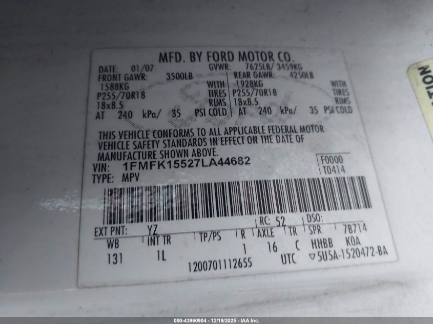 2007 Ford Expedition El Xlt VIN: 1FMFK15527LA44682 Lot: 43960904