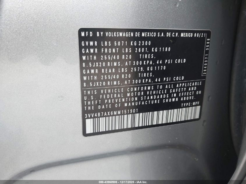 2021 Volkswagen Tiguan 2.0T Sel Premium R-Line VIN: 3VV4B7AX6MM151901 Lot: 43960906