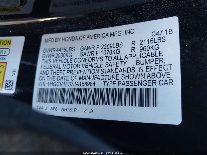 2018 Honda Accord Sport VIN: 1HGCV1F37JA158984 Lot: 43960909