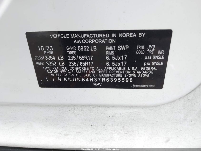 2024 Kia Carnival Mpv Lx Seat Package VIN: KNDNB4H37R6395598 Lot: 43960912