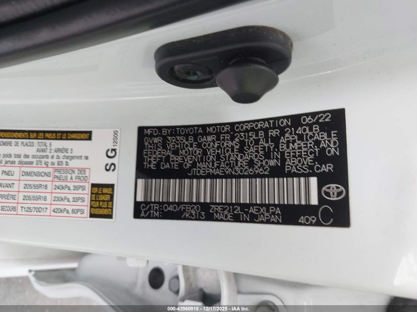 2022 Toyota Corolla Le VIN: JTDEPMAE9N3026962 Lot: 43960918