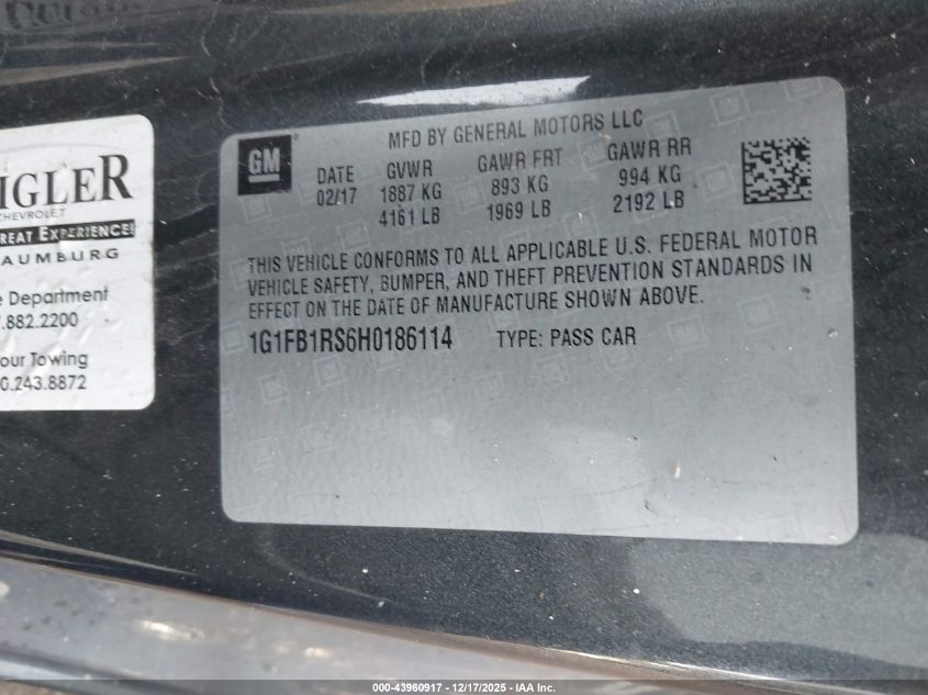 2017 Chevrolet Camaro 1Lt VIN: 1G1FB1RS6H0186114 Lot: 43960917