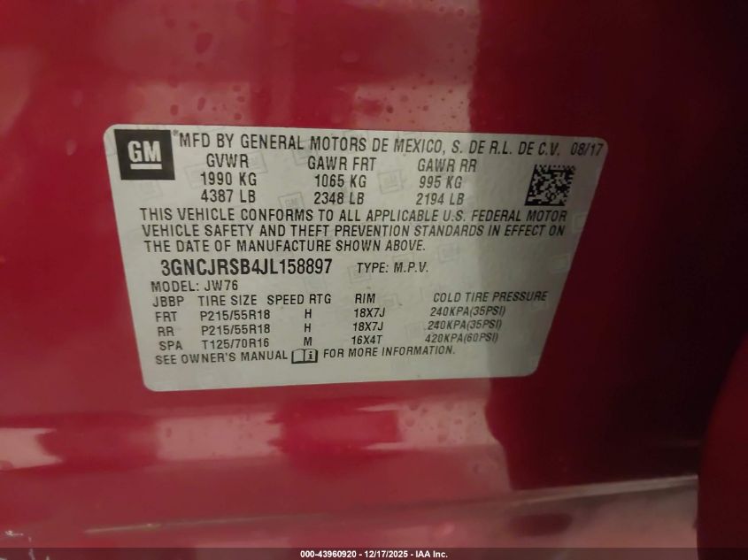 2018 Chevrolet Trax Premier VIN: 3GNCJRSB4JL158897 Lot: 43960920