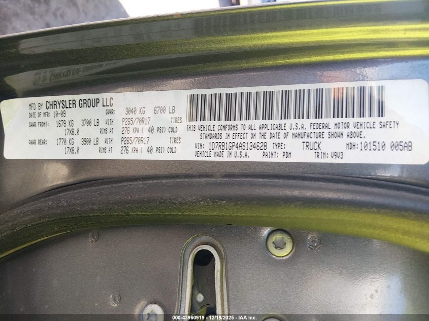 2010 Dodge Ram 1500 St VIN: 1D7RB1GP4AS134628 Lot: 43960919