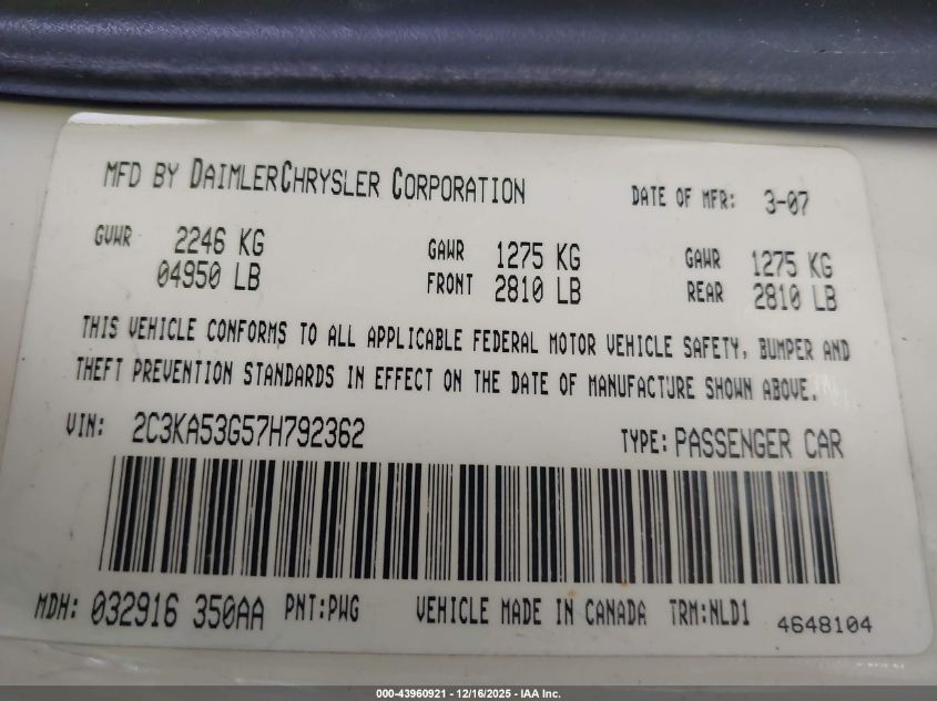 2007 Chrysler 300 Touring VIN: 2C3KA53G57H792362 Lot: 43960921