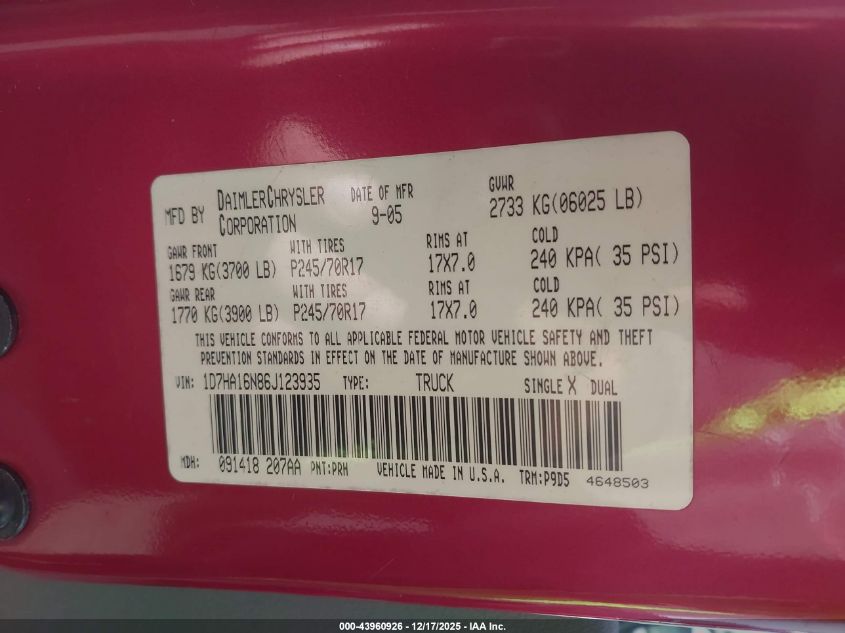 2006 Dodge Ram 1500 St VIN: 1D7HA16N86J123935 Lot: 43960926