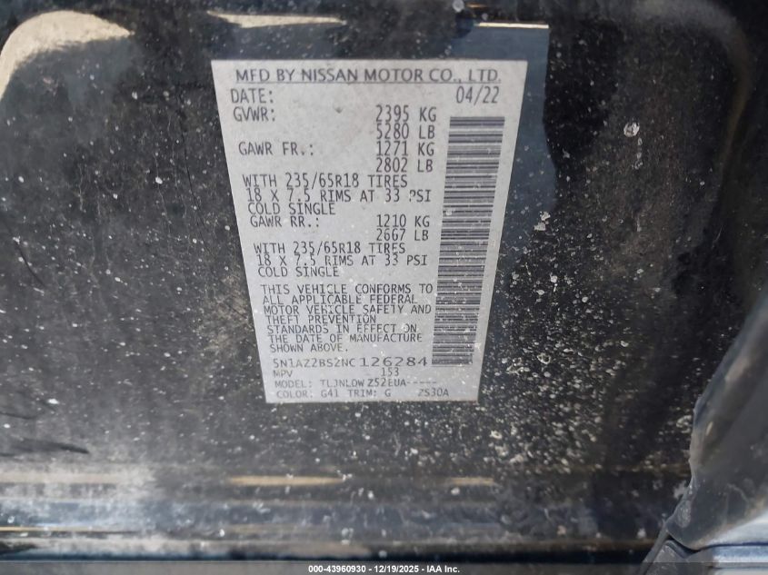 2022 Nissan Murano Sv Intelligent Awd VIN: 5N1AZ2BS2NC126284 Lot: 43960930