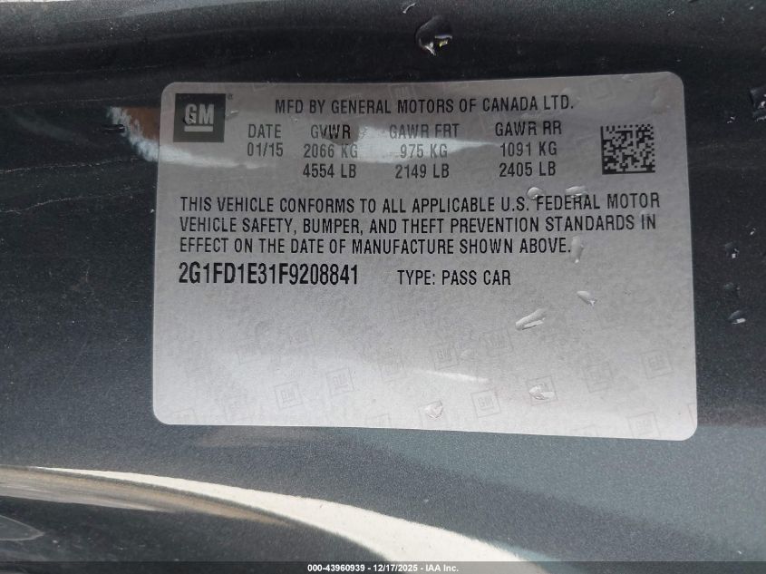 2015 Chevrolet Camaro 1Lt VIN: 2G1FD1E31F9208841 Lot: 43960939