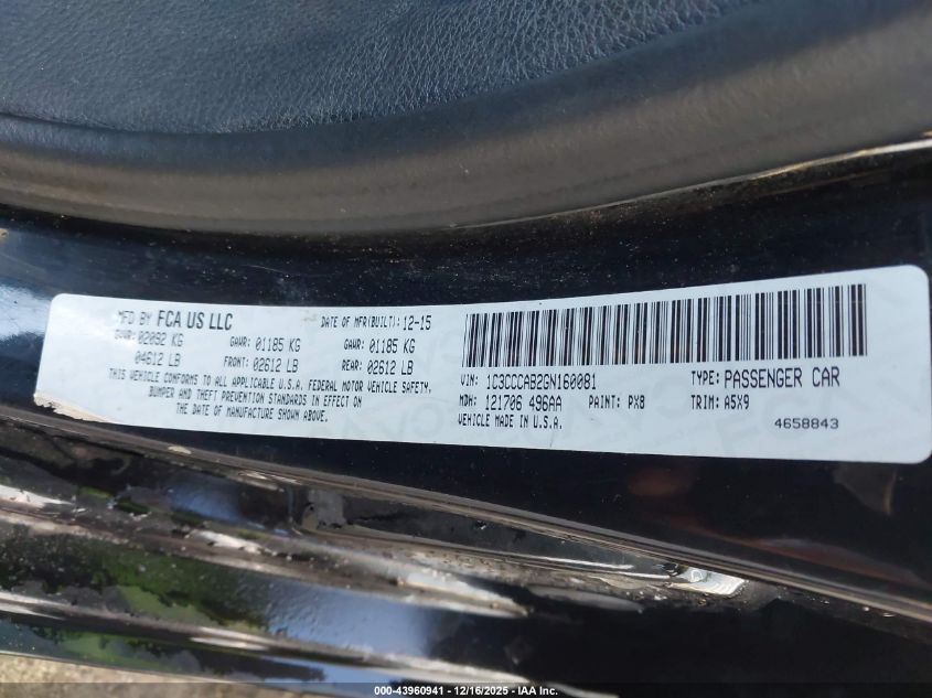 2016 Chrysler 200 Limited VIN: 1C3CCCAB2GN160081 Lot: 43960941