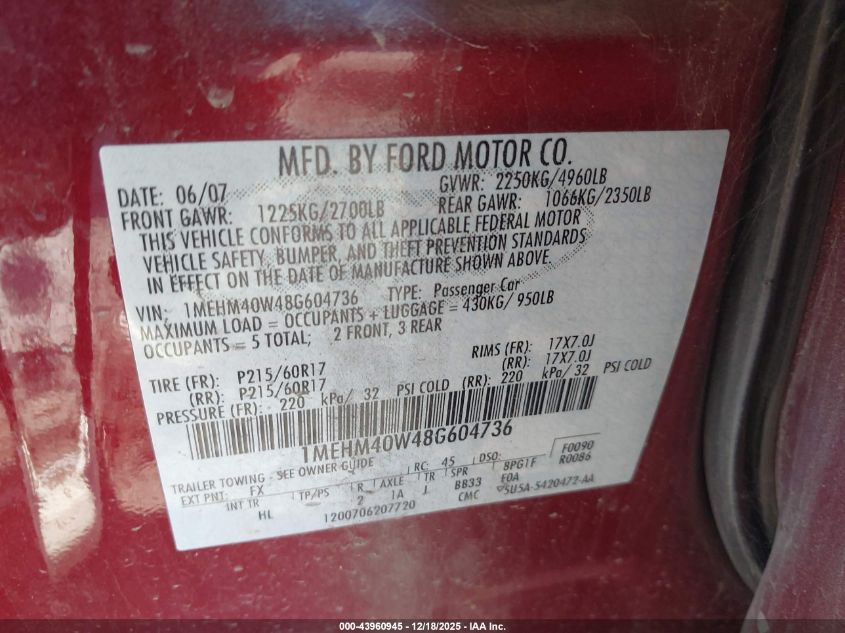 2008 Mercury Sable VIN: 1MEHM40W48G604736 Lot: 43960945