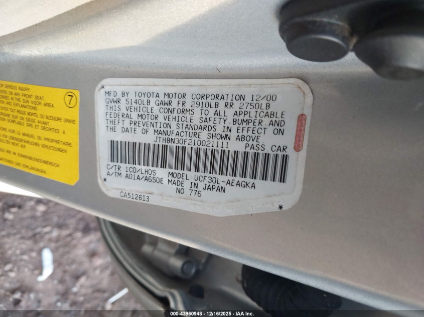 2001 Lexus Ls 430 VIN: JTHBN30F210021111 Lot: 43960948