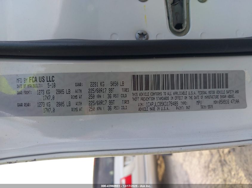 2019 Jeep Cherokee Latitude Fwd VIN: 1C4PJLCB5KD178489 Lot: 43960951