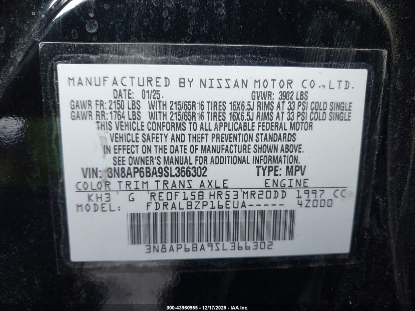 2025 Nissan Kicks S Fwd VIN: 3N8AP6BA9SL366302 Lot: 43960955