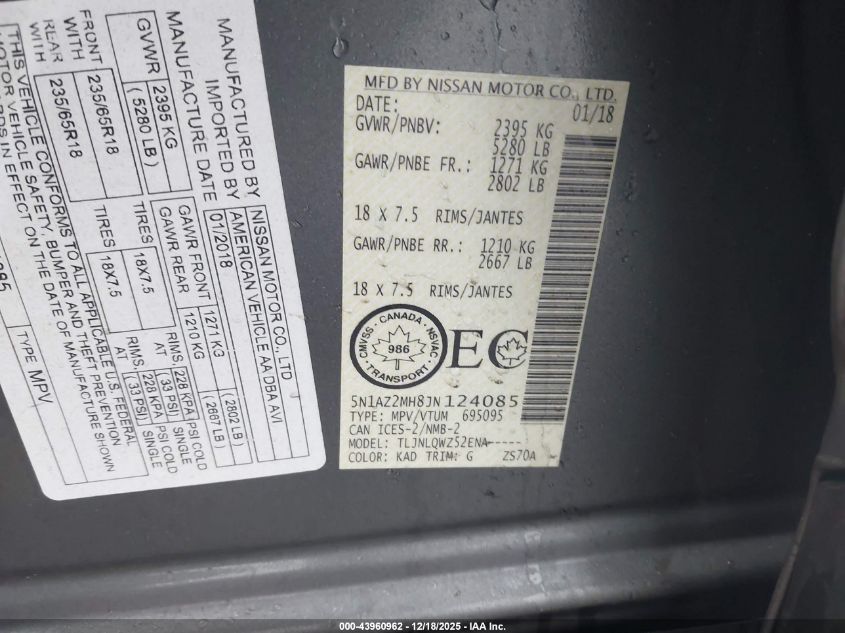 2018 Nissan Murano Platinum/S/Sl/Sv VIN: 5N1AZ2MG9JN124085 Lot: 43960962