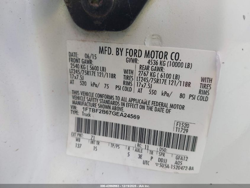 2016 Ford F-250 Xl VIN: 1FTBF2B67GEA24569 Lot: 43960963