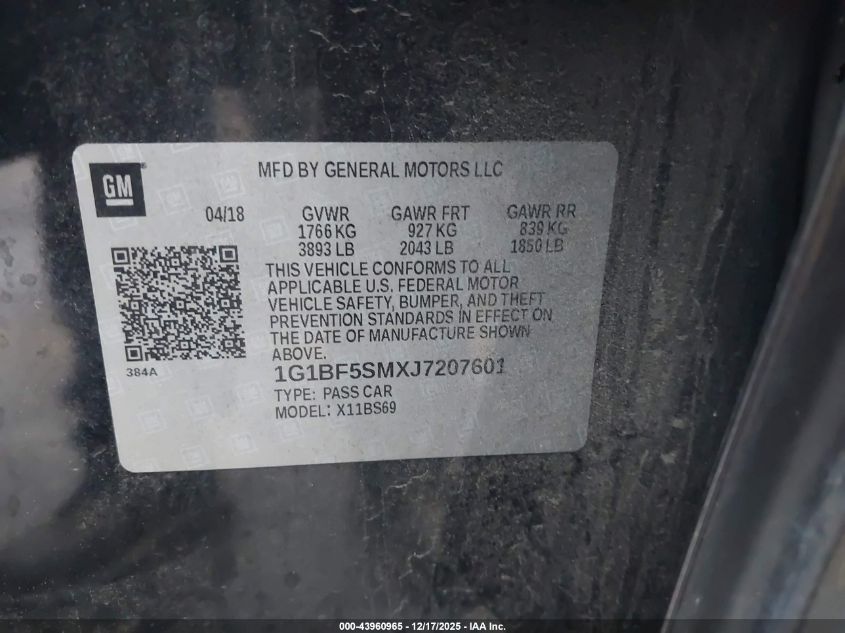 2018 Chevrolet Cruze Premier Auto VIN: 1G1BF5SMXJ7207601 Lot: 43960965