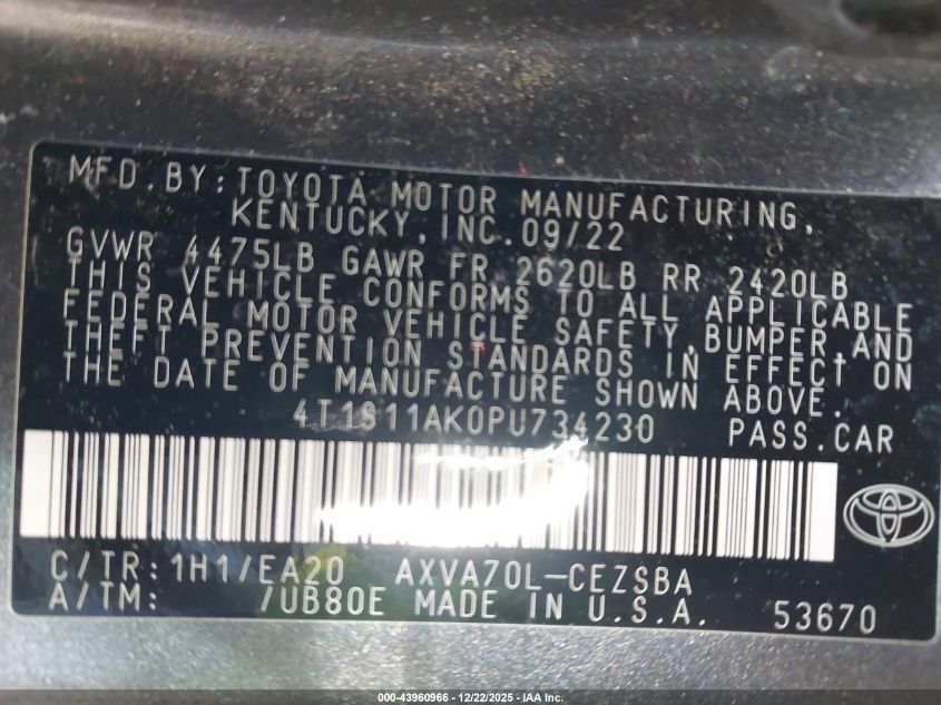 2023 Toyota Camry Se VIN: 4T1S11AK0PU734230 Lot: 43960966