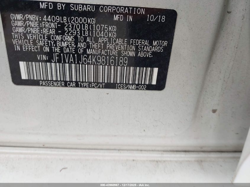 2019 Subaru Wrx Limited VIN: JF1VA1J64K9816189 Lot: 43960967