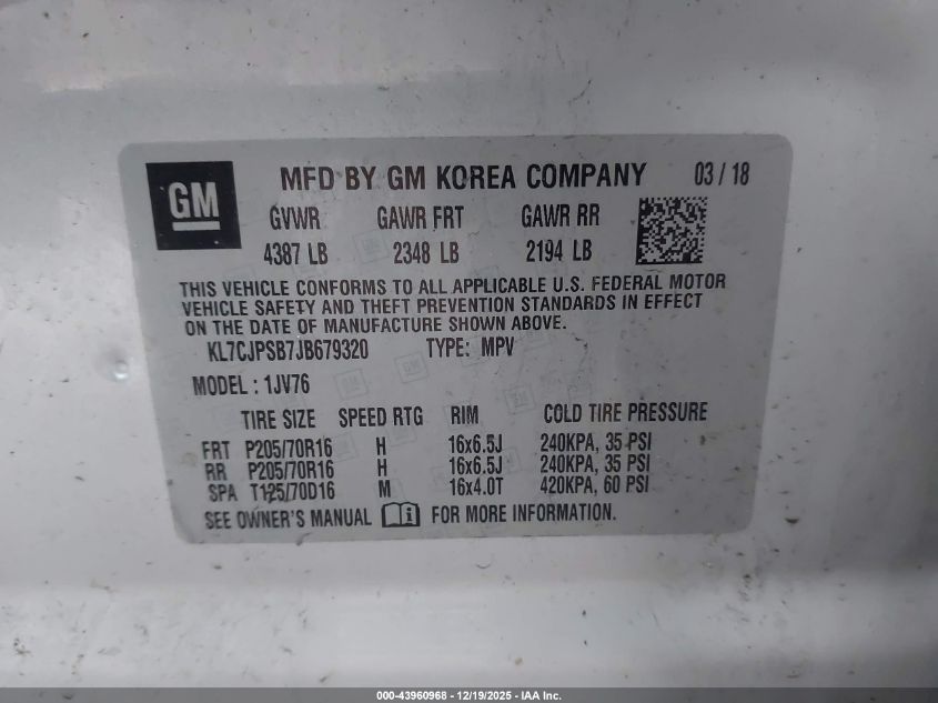 2018 Chevrolet Trax Lt VIN: KL7CJPSB7JB679320 Lot: 43960968