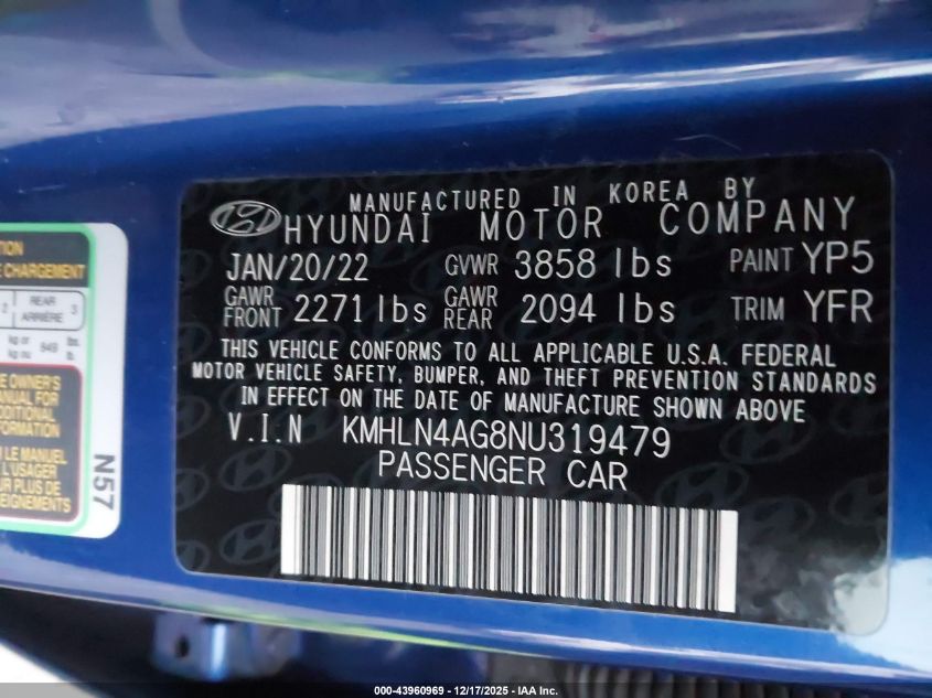 2022 Hyundai Elantra Sel VIN: KMHLN4AG8NU319479 Lot: 43960969