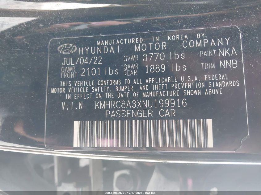 2022 Hyundai Venue Sel VIN: KMHRC8A3XNU199916 Lot: 43960970