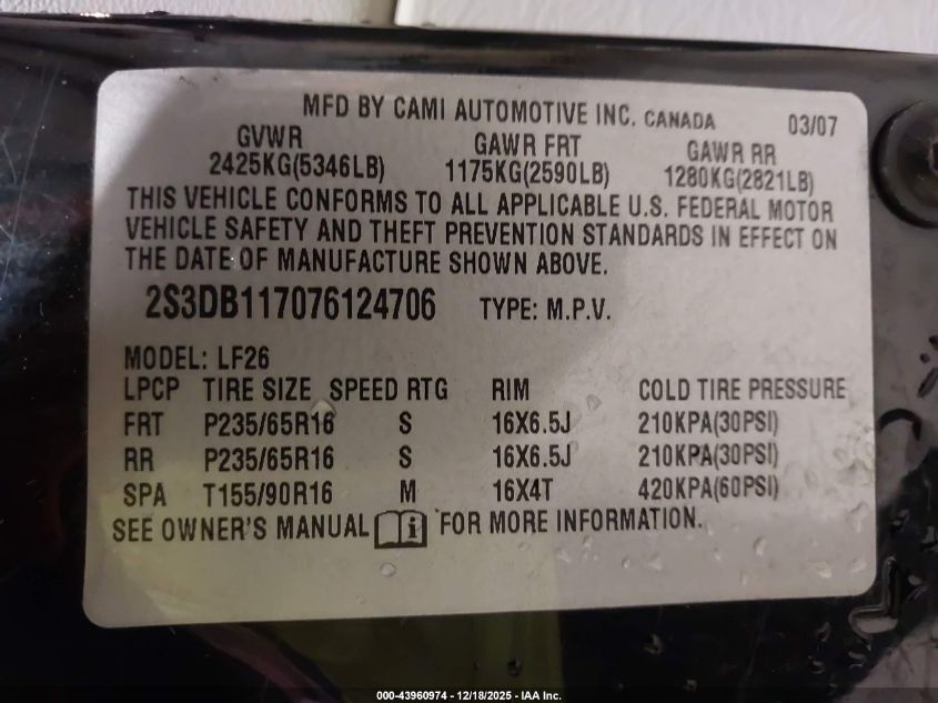 2007 Suzuki Xl7 VIN: 2S3DB117076124706 Lot: 43960974