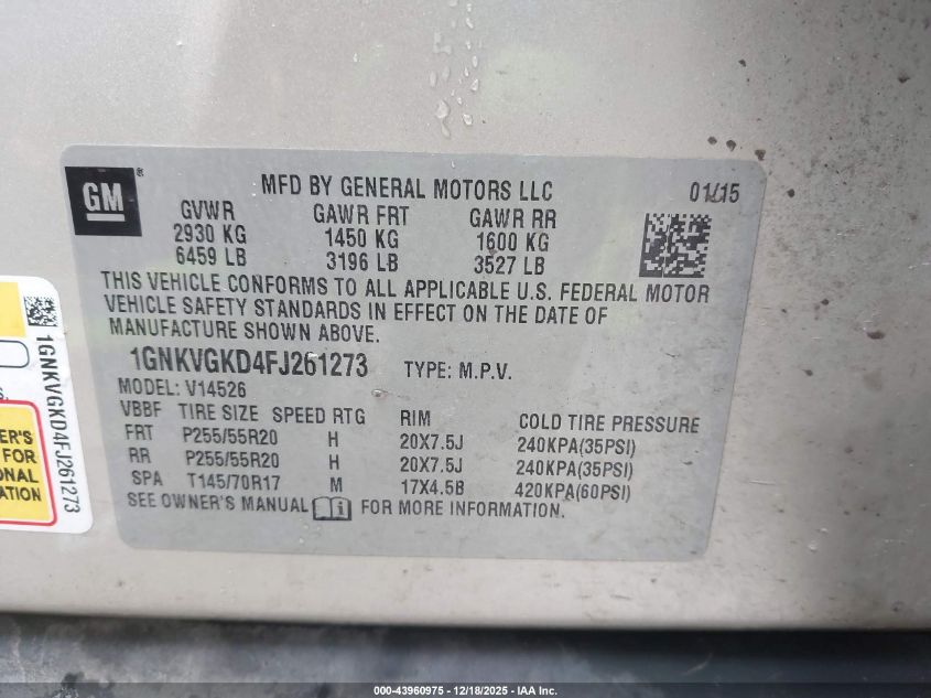 2015 Chevrolet Traverse 1Lt VIN: 1GNKVGKD4FJ261273 Lot: 43960975