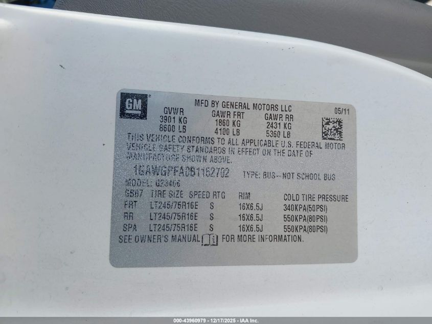 2011 Chevrolet Express 2500 Ls VIN: 1GAWGPFA0B1162702 Lot: 43960979