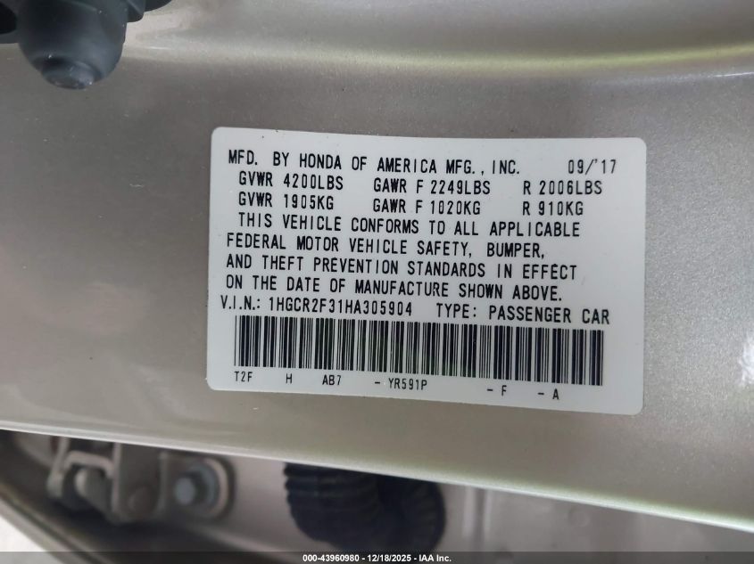 2017 Honda Accord Lx VIN: 1HGCR2F31HA305904 Lot: 43960980