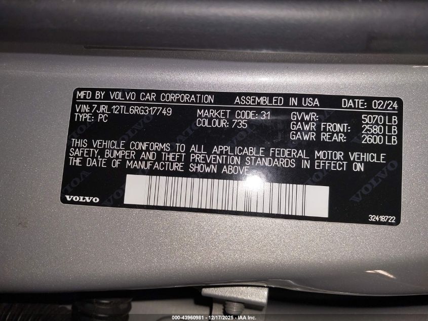 2024 Volvo S60 B5 Plus Dark Theme VIN: 7JRL12TL6RG317749 Lot: 43960981