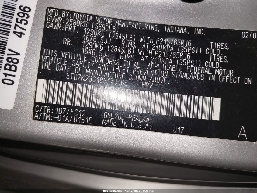 2008 Toyota Sienna Le VIN: 5TDZK23C18S173165 Lot: 43960988