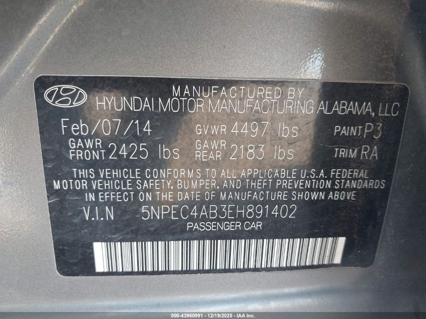 2014 Hyundai Sonata Limited 2.0T VIN: 5NPEC4AB3EH891402 Lot: 43960991
