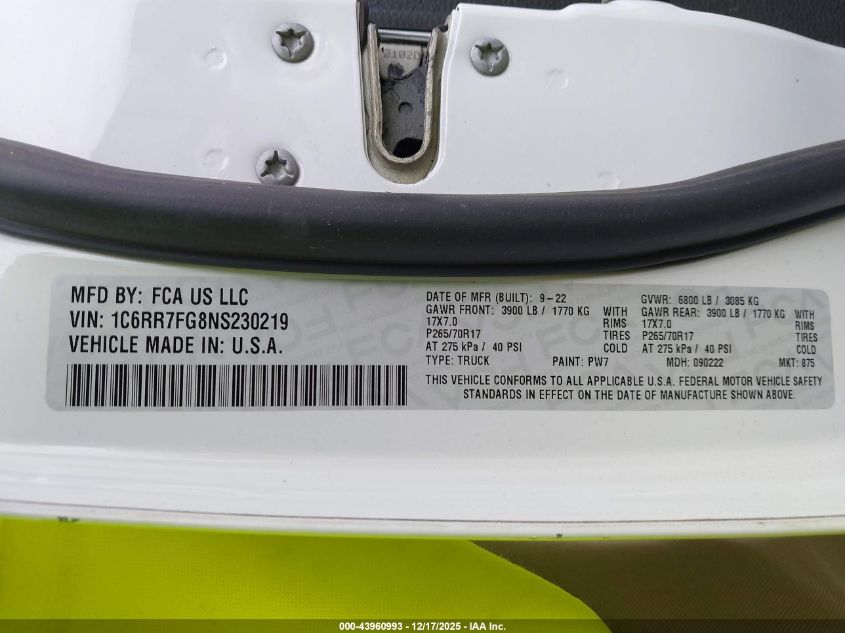 2022 Ram 1500 Classic Tradesman 4X4 6'4 Box VIN: 1C6RR7FG8NS230219 Lot: 43960993
