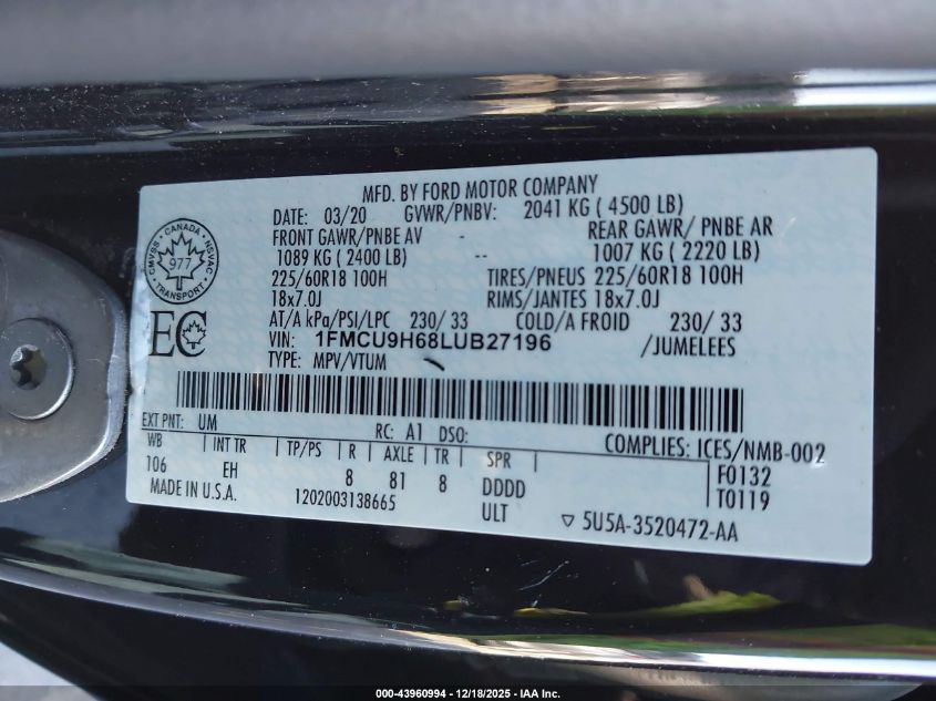 2020 Ford Escape Sel VIN: 1FMCU9H68LUB27196 Lot: 43960994