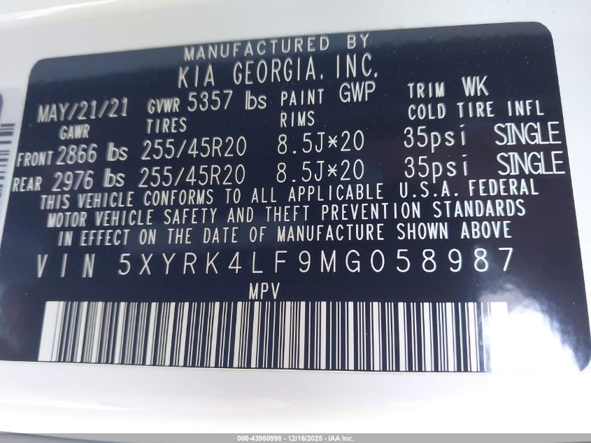 2021 Kia Sorento Sx Prestige VIN: 5XYRK4LF9MG058987 Lot: 43960998