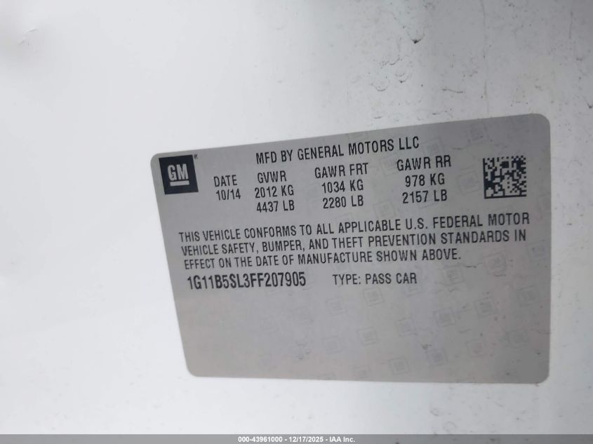 2015 Chevrolet Malibu Ls VIN: 1G11B5SL3FF207905 Lot: 43961000