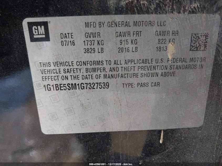 2016 Chevrolet Cruze Lt Auto VIN: 1G1BE5SM1G7327539 Lot: 43961001