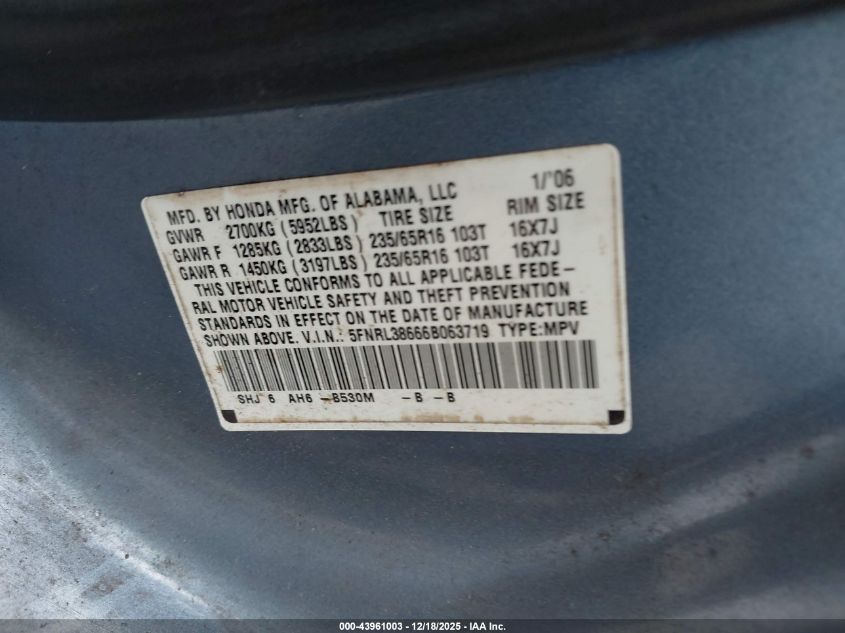 2006 Honda Odyssey Ex-L VIN: 5FNRL38666B063719 Lot: 43961003