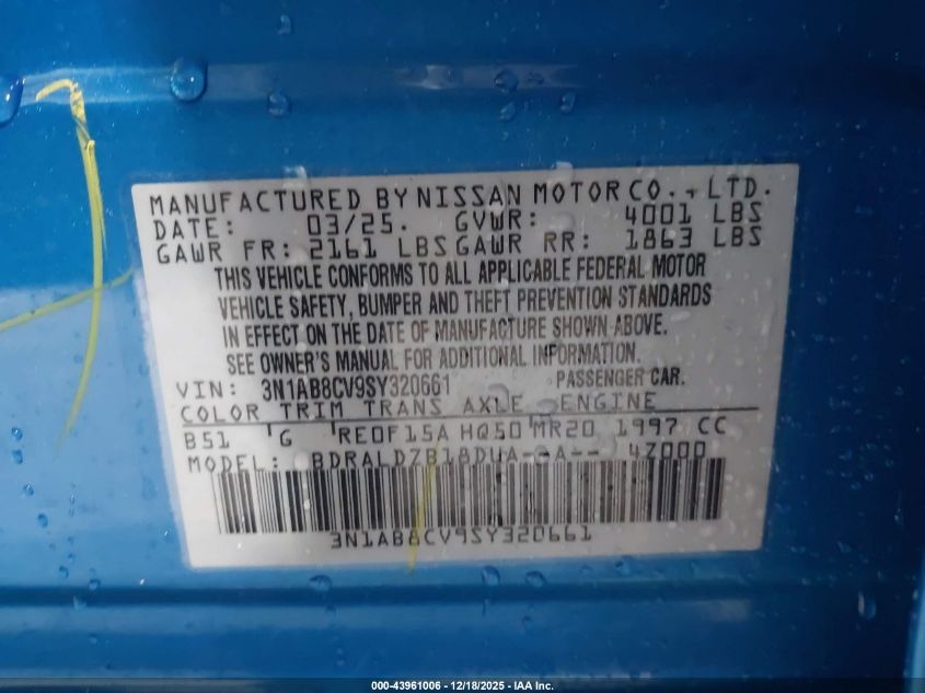 2025 Nissan Sentra Sv VIN: 3N1AB8CV9SY320661 Lot: 43961006